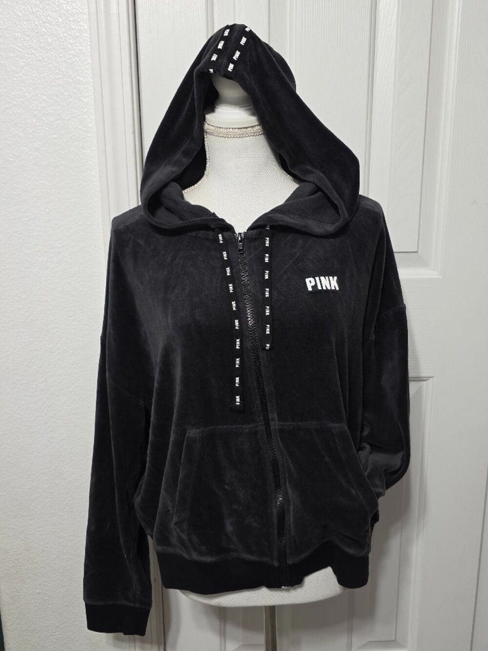 VS PINK Black Velvet Zip Jacket, Large